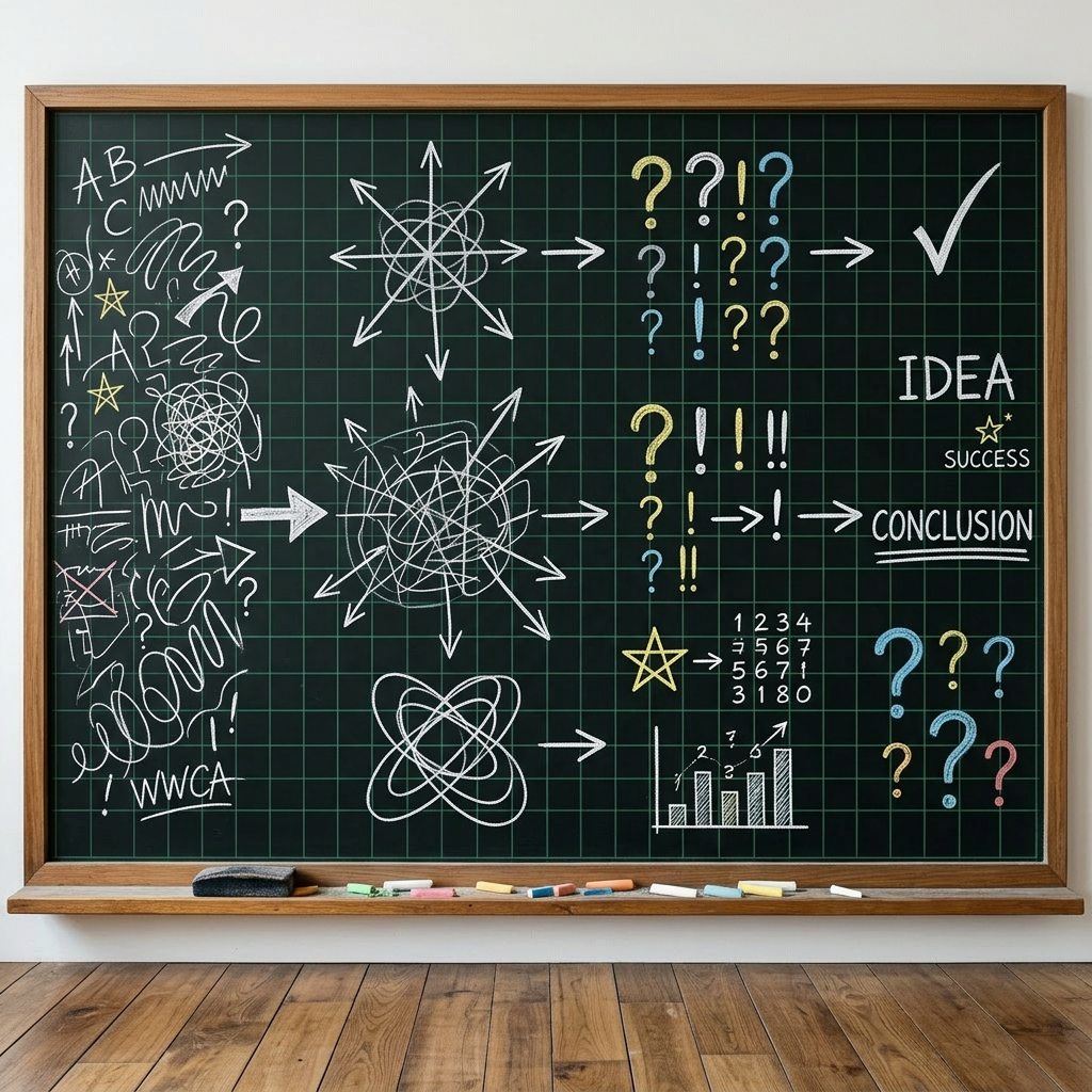 Chalkboard covered with various arrows, question marks, exclamation marks, and scribbles illustrating complexity and confusion.